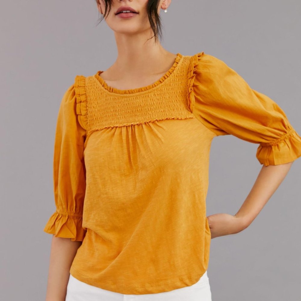 By Anthropologie Smocked Puff-Sleeve Knit Top Gold (Orange) - XS